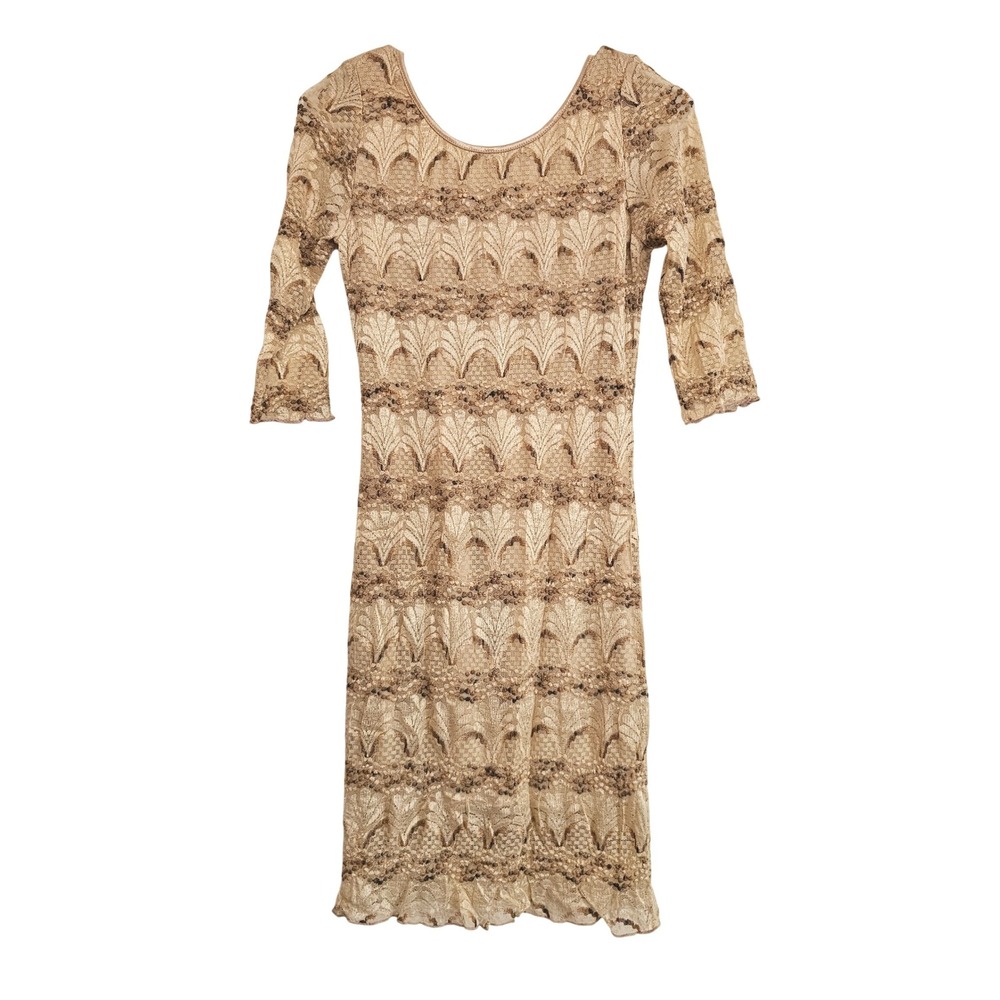 NECESSARY CLOTHING Lace Overlay Sheath Dress Sequins 3/4 Sleeve Backless Beige